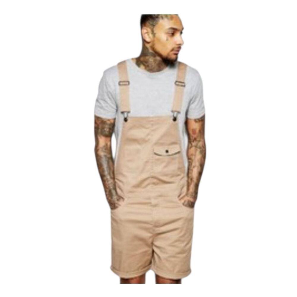 ASOS Khaki Tan Short Overalls Romper Utility Bib‎ Front Pocket Men's Size W34"